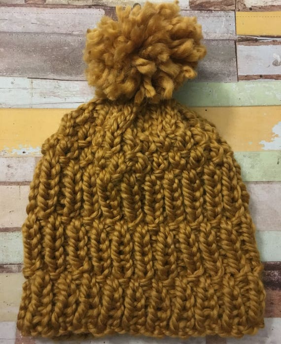 Chunky texture beanie, optional pom pom, womens hat, chunky beanie, mustard hat, yellow beanie, womens beanie, pom pom