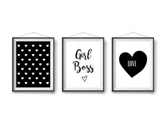 Digital Prints, Black & White Art, Set Of 3 Prints, Girl's Room Decor, Wall Art, Triptych, Home Decor, Scandinavian Prints, Minimalist Print