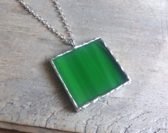 Glass jewelry gift, her Christmas, square necklace, under 25, green glass pendant, geometric green, emerald glass, stained glass pendant