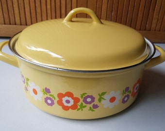 Vintage Yellow Enamel Soup Pot and Lid
