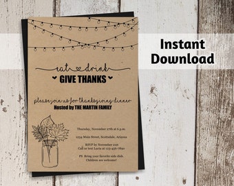 Printable Thanksgiving Invitation Template - Rustic Thanksgiving Dinner Invitation on Kraft Paper - Instant Download Digital File PDF