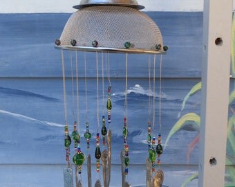 Vintage Shabby Chic Kitchenware Silverware & Glass Bead Wind Chime GREENS
