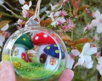 Fairy House Village miniature - Handmade fairy village in glass bauble - needle felted - toadstools