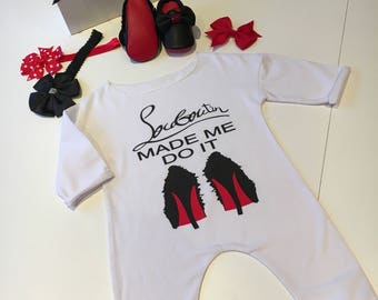Red Sole Baby Romper and Matching Moccasin Pram Shoes - Diamanties, bling bows - Like Mummy's Louboutins but Designer Inspired!