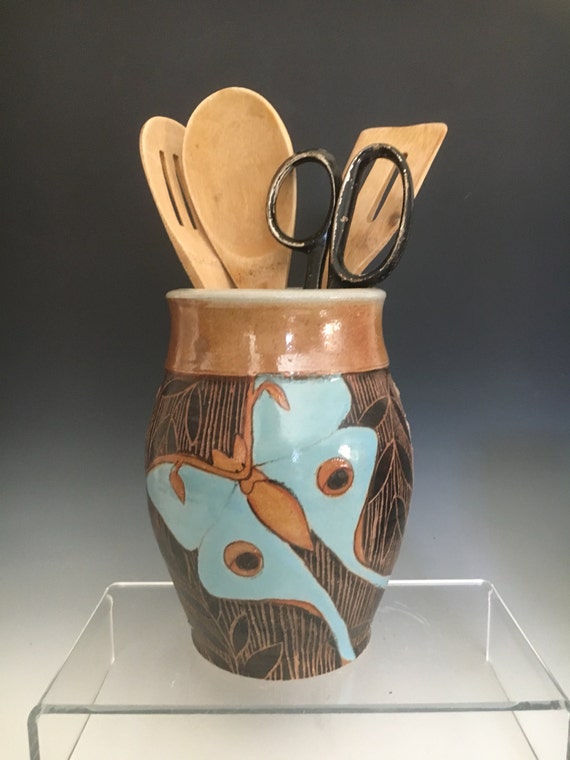 Stoneware Utensil Jar Luna Moth Handmade Pottery Vase