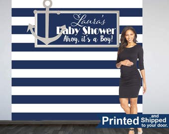 Nautical Baby Shower Backdrop- Photo Booth Backdrop- Ahoy its a Boy Backdrop, Navy Blue and White Stripes Backdrop, Custom Backdrop