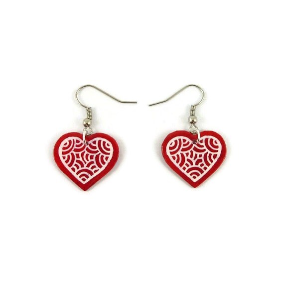 Red hearts earrings with white doodles modern and graphic