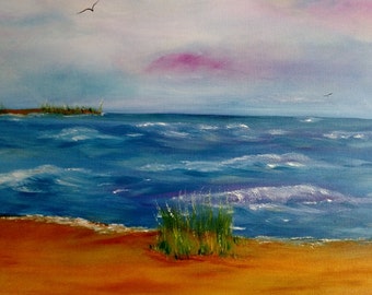 Soft pastel colors beach with waves marsh land wrapped oil on canvas 24 x 30