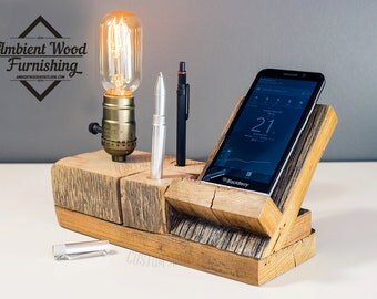 Barn Wood Bedside Utility Storage Lamp With Pipe Stand Electronic Docking Station