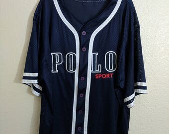 Vtg Polo Sport Bootleg Mesh Navy Blue Baseball Jersey with White Piping Oversized Baggy Sheer Ralph Lauren 1990s
