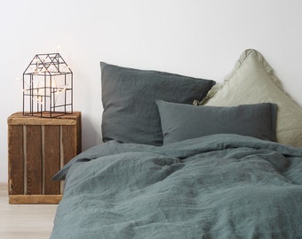 Forest Green Stone Washed Linen Duvet Cover