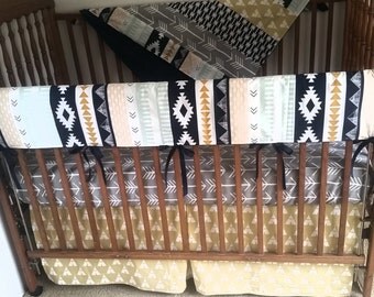 Aztec bumper less baby bedding set, aztec baby bedding set with rail cover, aztec with arrow navy gray yellow baby bedding set