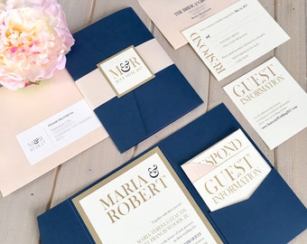 Navy, Blush and Gold Wedding Invitations, Navy and Pink Wedding Invitations, Navy and Gold Wedding Invitations