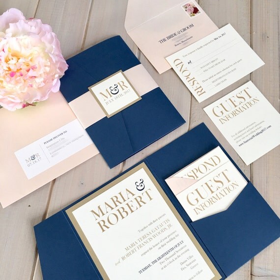 Navy Blush and Gold Wedding Invitations Navy and Pink