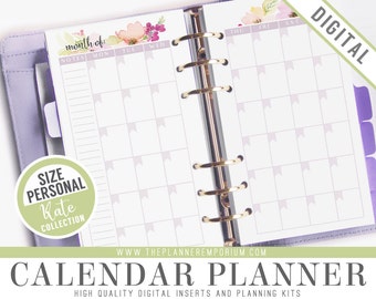 Personal Calendar Planner Inserts - KATE Collection - Fits Kikki K Medium, Filofax Personal Printable - Notes and Month on Two Pages