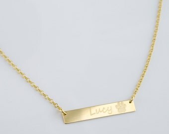 Custom paw print necklace, pet necklace, Dog necklace personalized, in memory of dog, pet memorial jewelry, personalized bar necklace gold