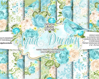 Watercolor AQUA DREAMS digital paper pack, flower, peonies, bouquets, leaves digital paper, Floral pattern, seamless pattern, roses