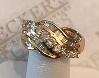 Vintage wide 14k yellow gold Round & Baguette Diamond Curved Wavy Band Ring 1.02 tw HI-SI1,2-I1, size 9