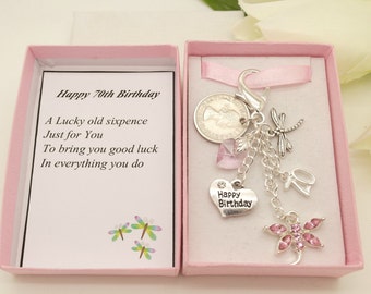 Personalised happy 70th birthday pink dragonfly Random lucky sixpence, charm, keyring, personalised gift box, choice of heart & number charm