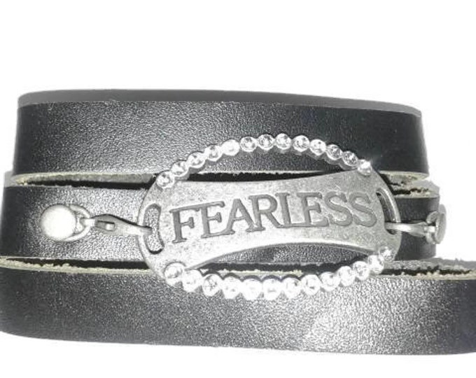 Mens Black Leather Wrap Bracelet, Metal Fearless Sign, Statement Piece, Gift For Him, Silver Lovers, Hip and Funky, Retro Style, Bold Jewel