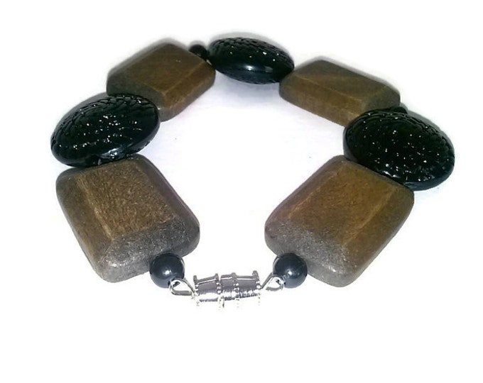 Brown Beaded Bracelet Set, Black Circle Designed Beads, Gift For Her, Beautiful Beaded Jewelry, Chunky Beads, Statement Piece, Wooden Style
