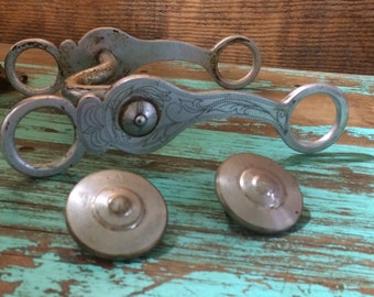 Antique Vintage Aluminum Silver Toned Western Bit & Rosette Set with Engraving for Headstall or Bridle
