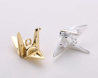 2pcs 925 Sterling Silver Origami Paper Crane Charms,Crane Charm, Personality Earring Pendant, Funny Charm,Supplies,Wish Paper Cranes 23*11mm