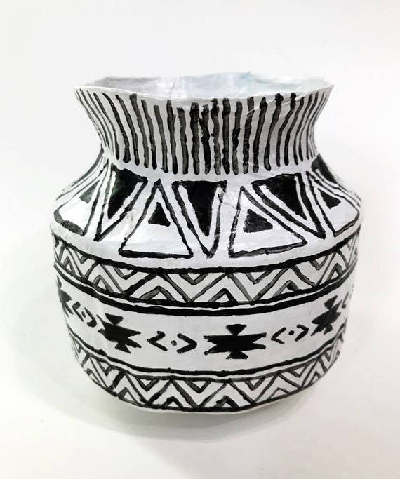 Items similar to White and Black Paper Mache Pot, Ethinic Homedecor