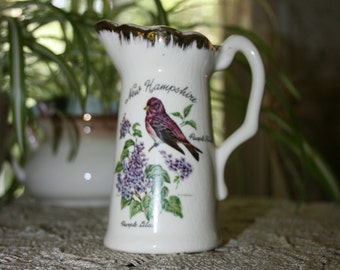 Vintage New Hampshire State Souvenir Pitcher- Creamer, Purple Finch & Lilac made in the USA circa 1950