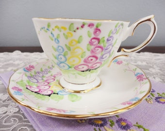 Rare Royal Albert Hand Painted Hollyhock English Bone China Teacup and Saucer