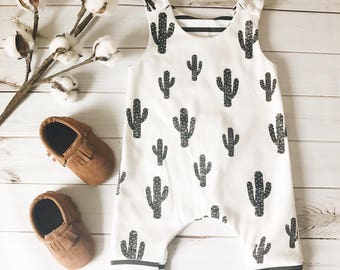 Organic Baby Harem Romper - Cactus; Summer Romper, Baby Boy, Unisex, Bear Romper, Organic Baby Clothes, Going Home Outfit