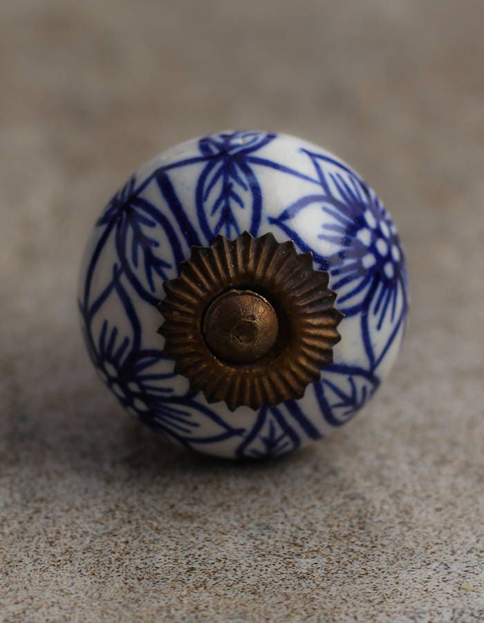 Set of 3 White Ceramic Knob with Blue Flowers