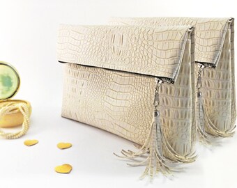Bridesmaid clutch set Bridesmaid gift set Ivory wedding clutch Leather purse bag Bridesmaid purse Will you be my bridesmaid gift idea clutch