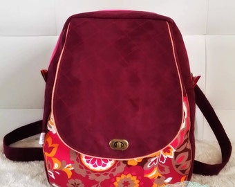 Sac à Dos en suédine prune et coton motifs floraux colorés!