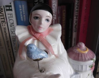 Vintage Schmid Pierrot Love music box with animated blue bird,Rhapsody on a theme by paganini,Michael Oks,music box,harlequin,bluebird