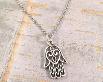 Hamsa charm necklace, Fatima hand charm, stainless steel necklace, hand charm necklace, Hand charm, for her, good luck necklace