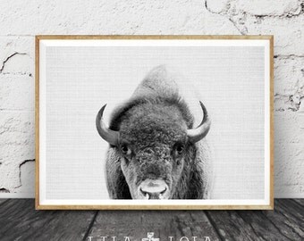 Buffalo Print, Bison Wall Art, Landscape, Horizontal, Nursery Decor Kids Room Poster, Black and White Minimalist, Printable Digital Download