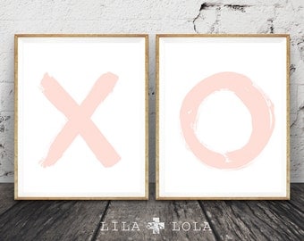 O X Blush Pink Nursery Wall Art Print Set, Brush Stroke, Printable Digital Download, Girls Room Poster, Soft Pastel Pink, Peach Decor