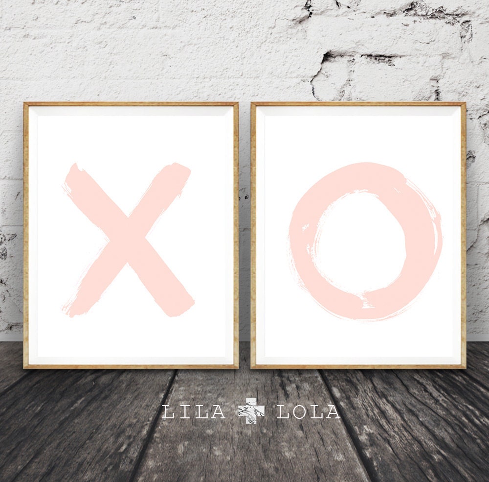O X Blush Pink Nursery Wall Art Print Set Brush Stroke