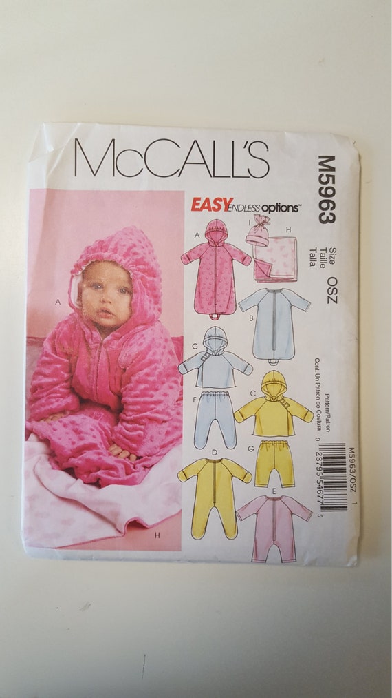 McCall's 5963 One Size, Infant Lined Bunting and Jacket, Baby Jumpsuit Pants and Reversible Blanket and Hat, Size Newborn to Large UNCUT