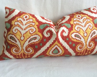 Large Ikat Lumbar Pillow Cover - Richloom "Zanzibar" Fabric - Red/ Gold/ Turquoise - 14x26 Lumbar Cover