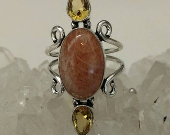 Beautiful Sunstone and Citrine Ring, Size 7