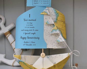 Anniversary Card, Nautical Chart, 1st Anniversary, Paper Anniversary, Paper boat, Personalised Card, Anniversary Card, 1st Anniversary Card
