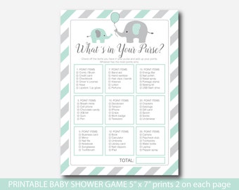 Mint green Whats in your purse game, Boy baby shower Whats in your purse games, Printable elephant theme baby shower game, BE6-06