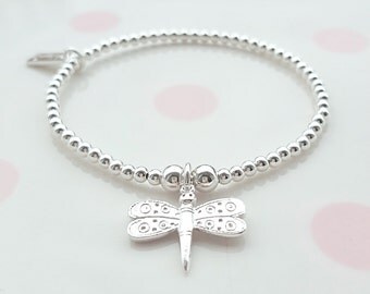 Sterling Silver Dragonfly Bracelet, Sterling Silver Bead Bracelet, Stretch Bracelet, Stacking Bracelet, Beaded Bracelet, Gift For Her