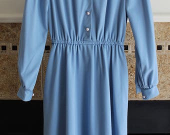 1980s Blue Day Dress w/ Faux Pearl Buttons