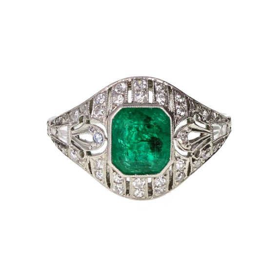 Art Deco Emerald Diamond Platinum Cluster Ring