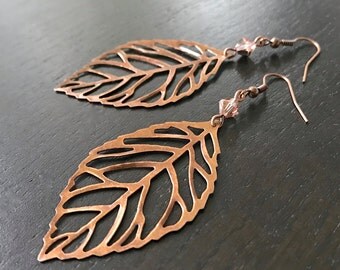 Large copper leaf and Swarovski crystal earrings