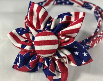 Patriotic Dog Collar, 4th of July Dog Collar. Red White and Blue Dog Collar, Flag Puppy collar, Choose Collar Flower or bow tie