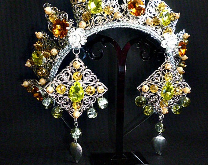 silver wedding filigree tiara crown Earrings dangle Rich Bridal Jewelry Set Baroque lime brown golden honey Swarovski crystals Dolce Style